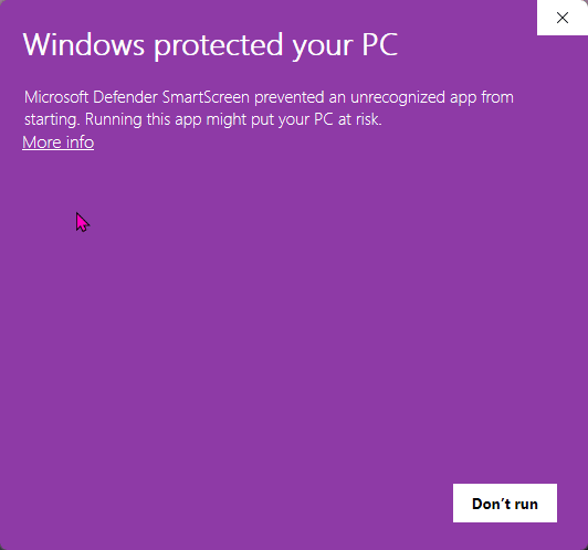 Windows SmartScreen warning dialog
