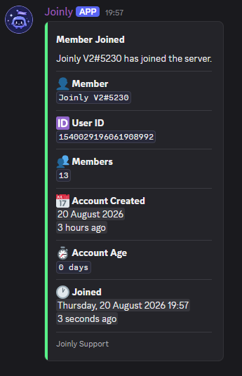 Example Joinly member joined Discord log